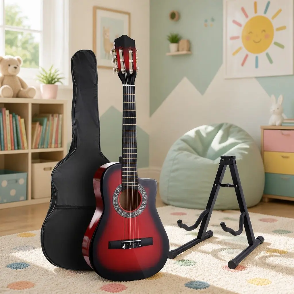 34 Inch Classical Guitar Wooden Body Nylon String Beginner Red with Stand Picks