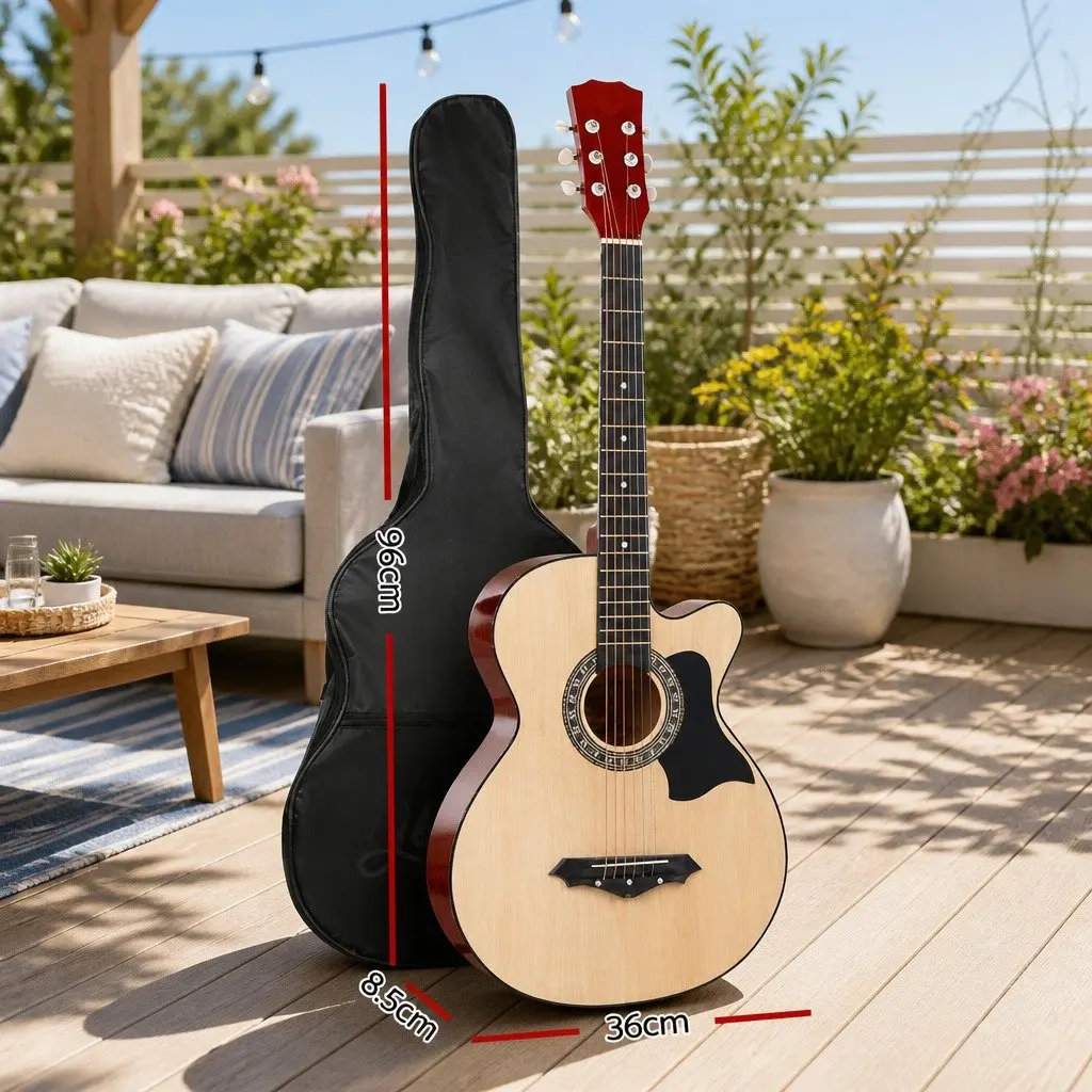38 Inch Acoustic Guitar Steel String Cutaway Natural Wood with Stand Strap Bag
