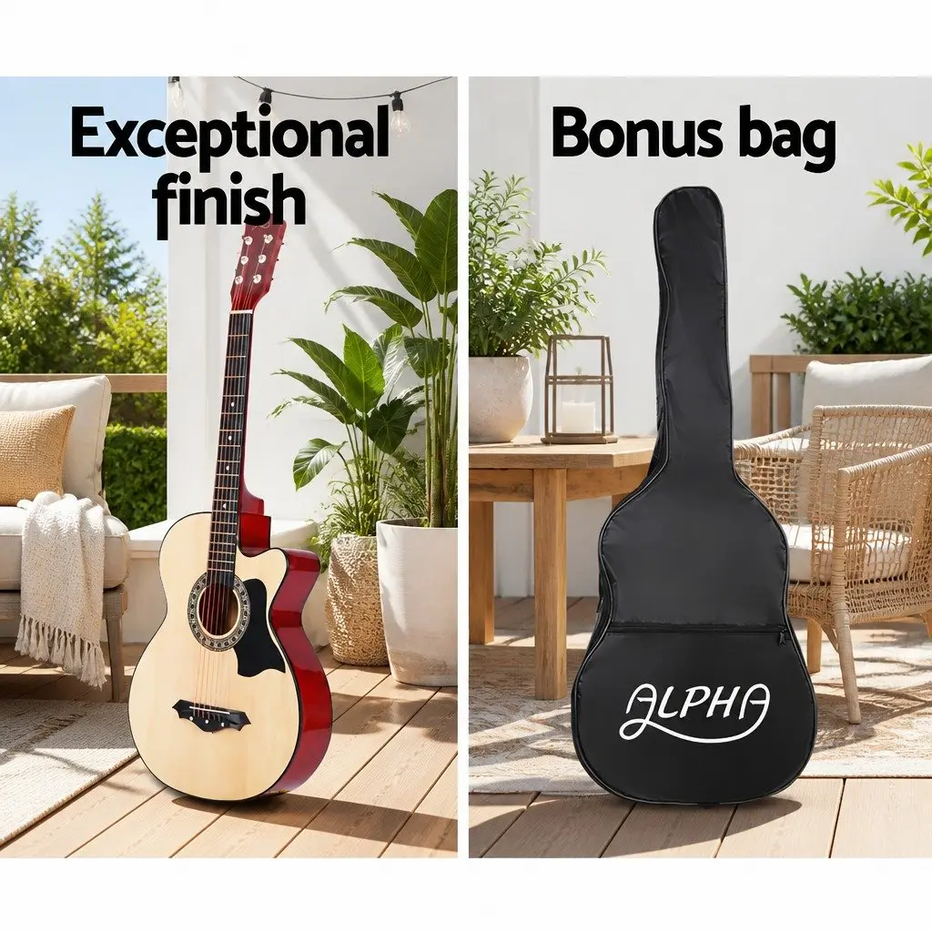 38 Inch Acoustic Guitar Steel String Cutaway Natural Wood with Stand Strap Bag