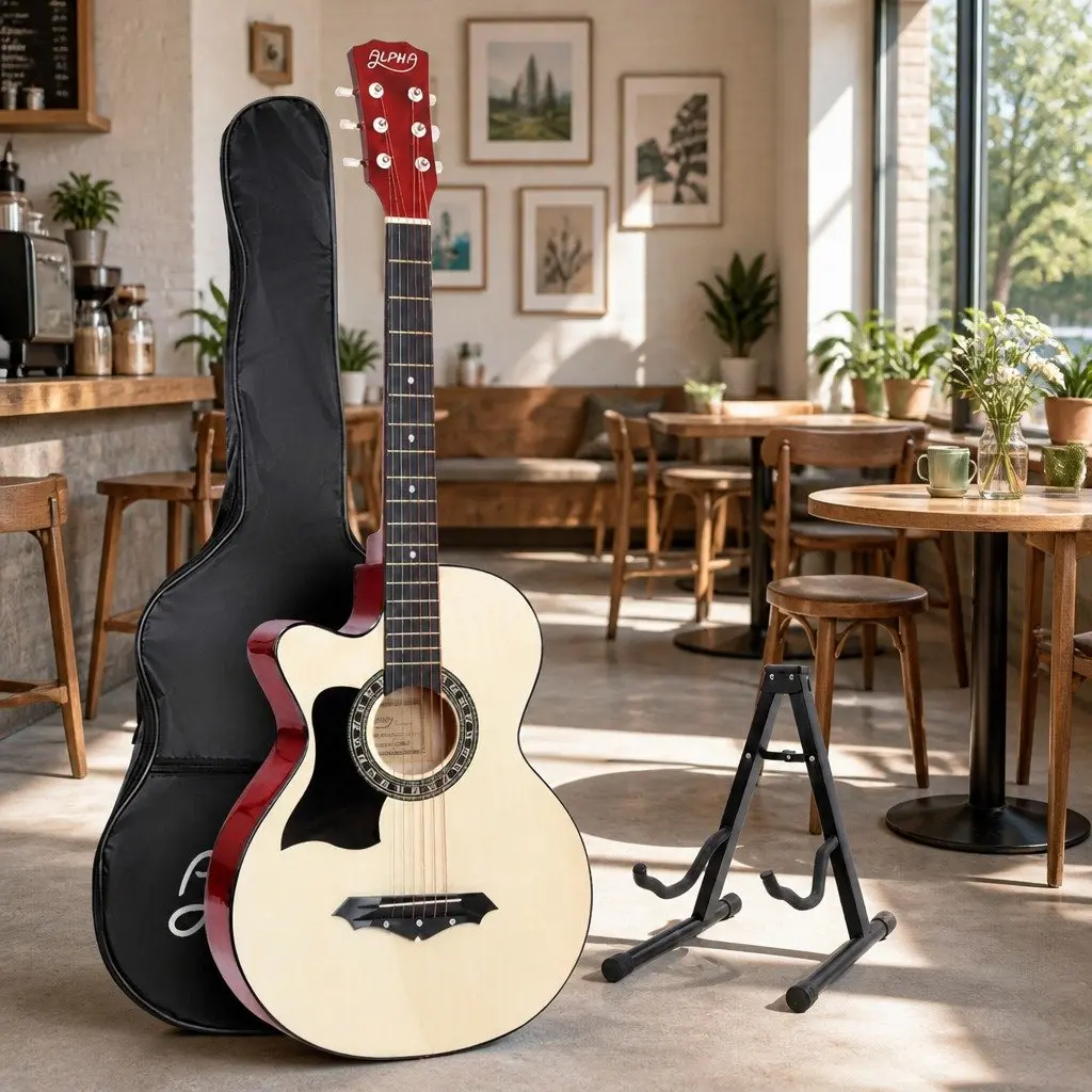 Left Handed 38 Inch Acoustic Guitar with Stand and Carry Bag