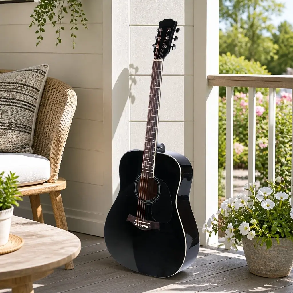 41 Inch Acoustic Cutaway Guitar Steel String Laminated Linden Black Dreadnought with Stand