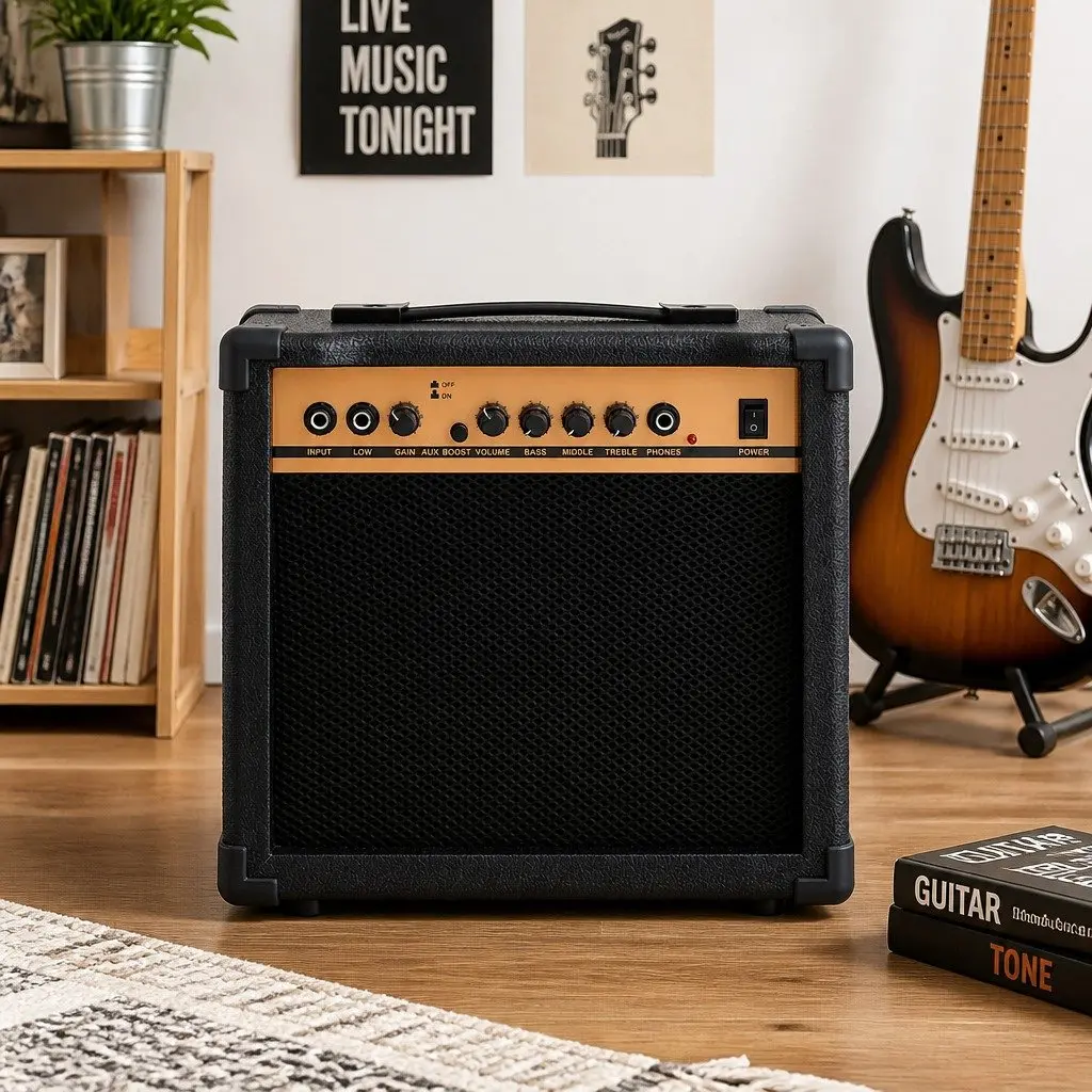 Guitar Amplifier 20W Portable Black 6.5 Inch Speaker 3-Band EQ Overdrive Headphone Jack