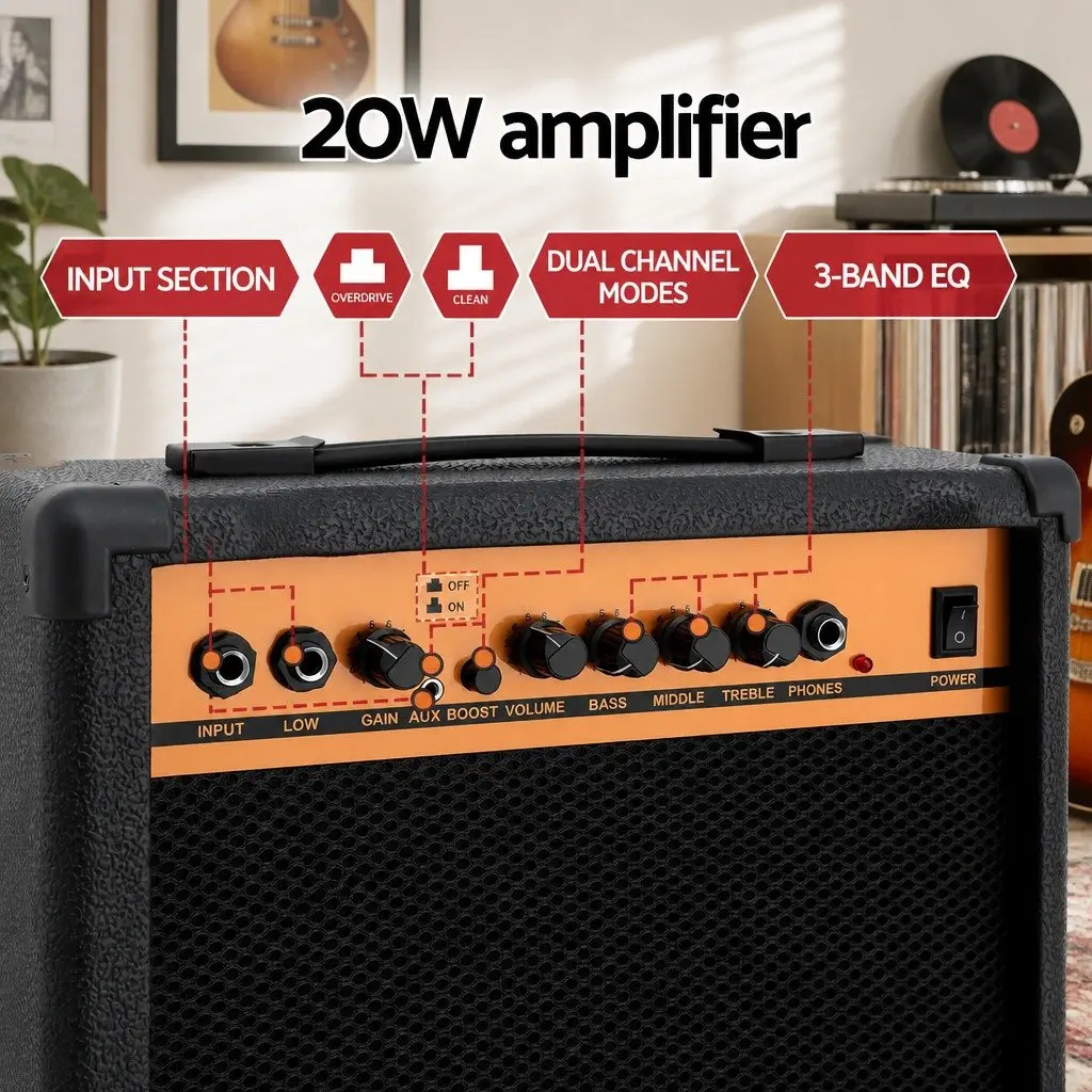 Guitar Amplifier 20W Portable Black 6.5 Inch Speaker 3-Band EQ Overdrive Headphone Jack