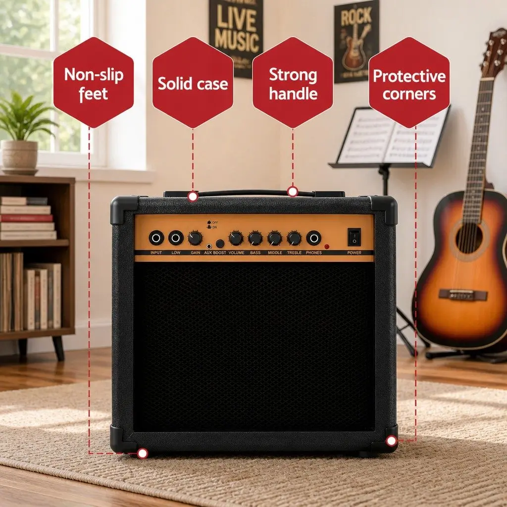 Guitar Amplifier 20W Portable Black 6.5 Inch Speaker 3-Band EQ Overdrive Headphone Jack