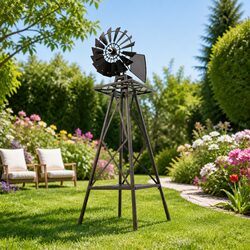 120cm Metal Garden Windmill with Weathervane and Bronze Trim