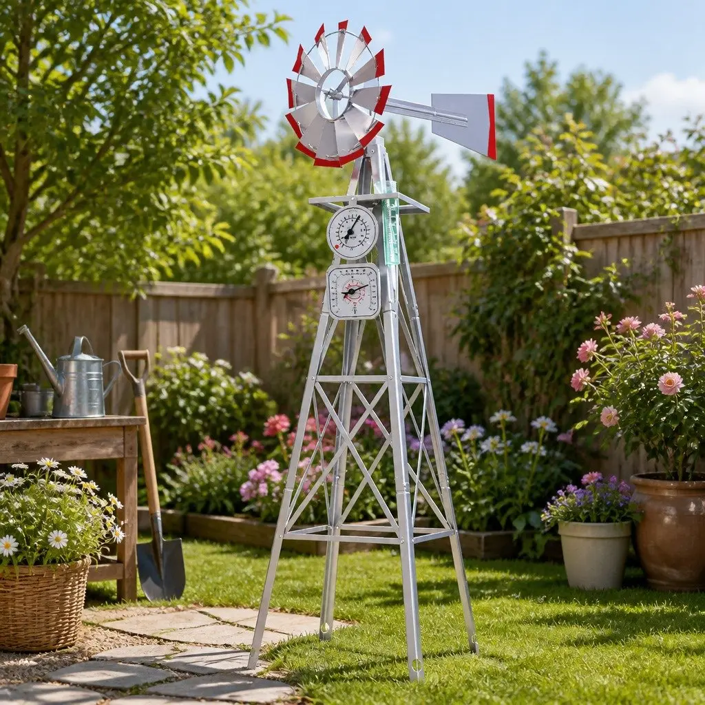 8FT Tall Metal Garden Windmill with Weathervane