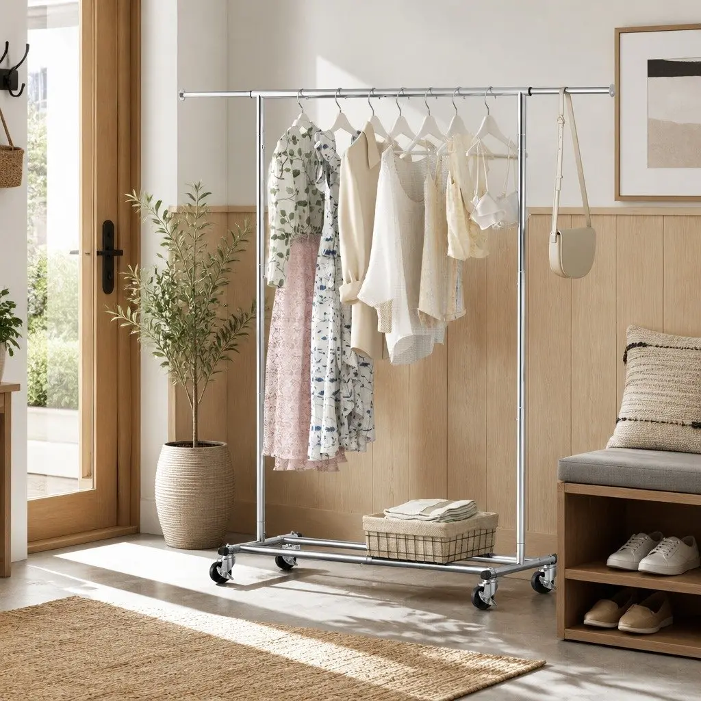 Adjustable Silver Clothes Rack for Coats and Dresses