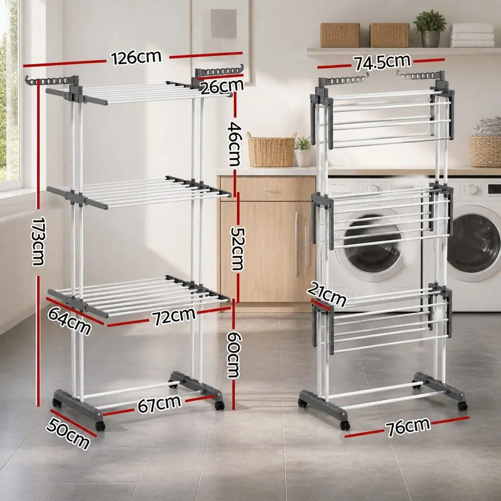 Foldable 3-Tier Clothes Drying Rack with Lockable Wheels