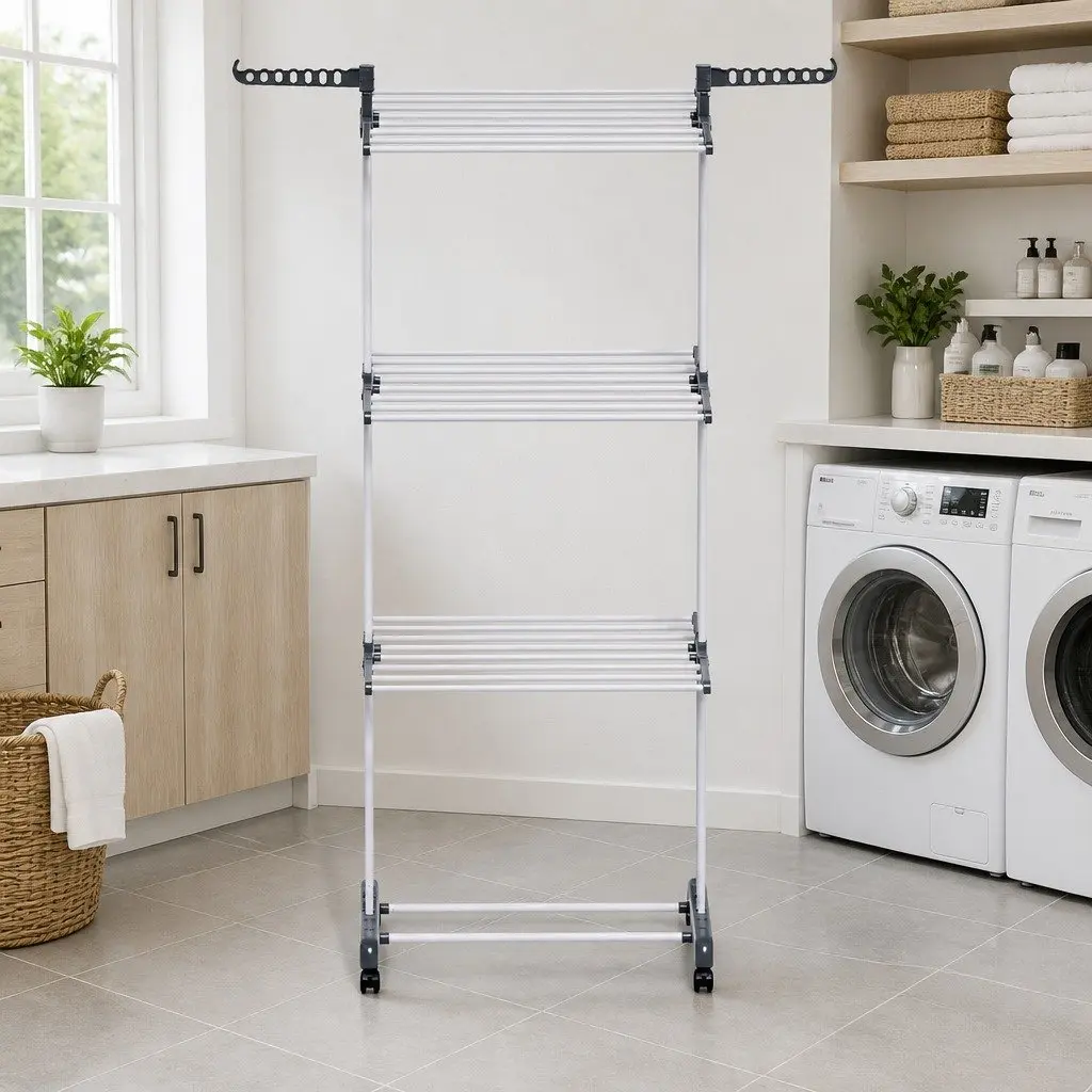 Foldable 3-Tier Clothes Drying Rack with Lockable Wheels
