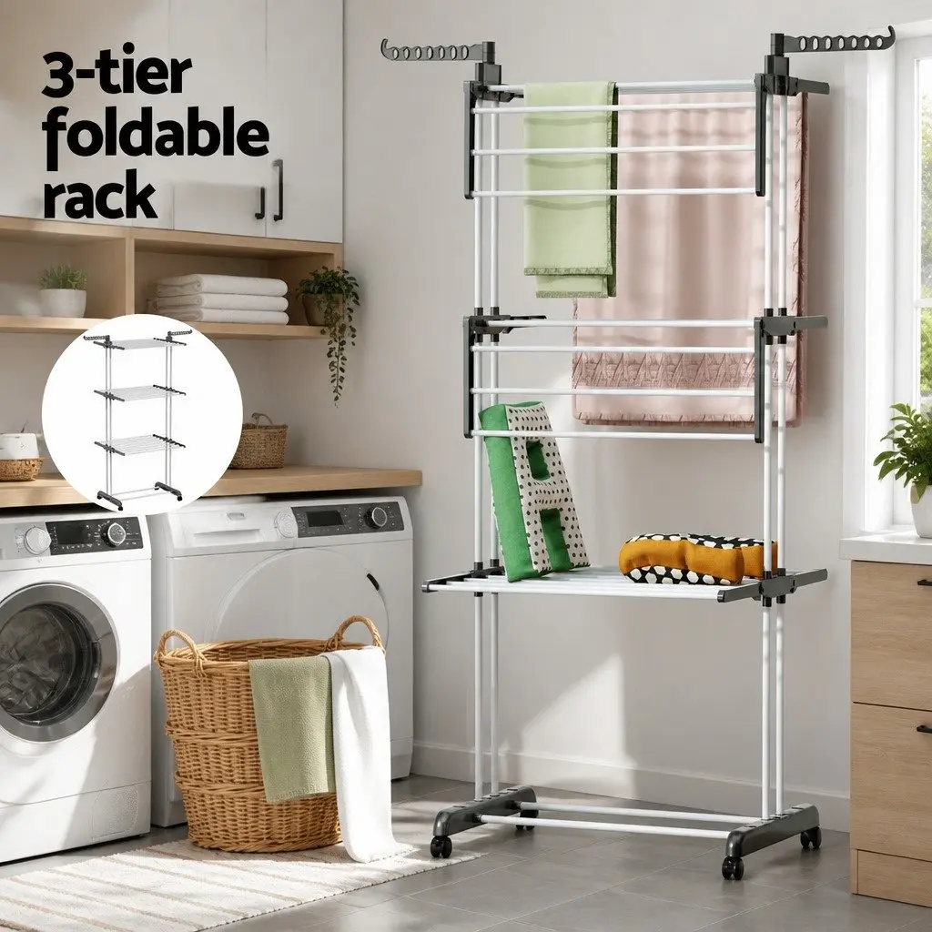 Foldable 3-Tier Clothes Drying Rack with Lockable Wheels