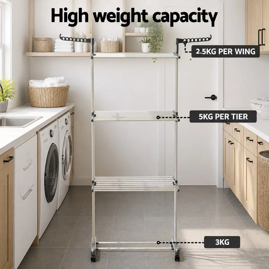Foldable 3-Tier Clothes Drying Rack with Lockable Wheels