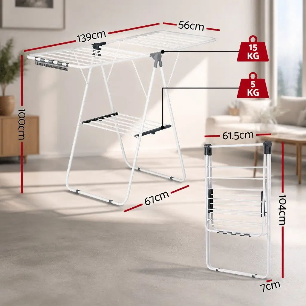 Clothes Drying Rack Metal 139CM White Foldable 2 Tier Laundry Dryer Stand