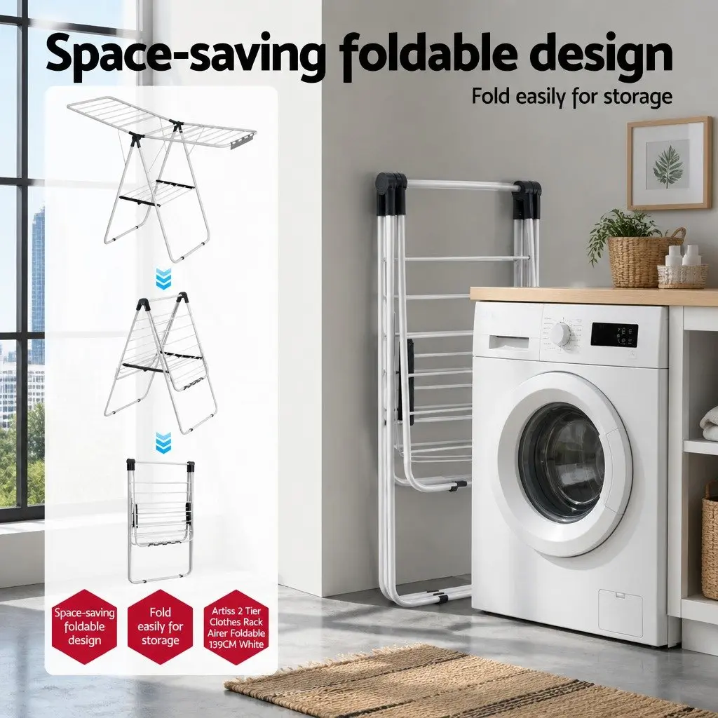 Clothes Drying Rack Metal 139CM White Foldable 2 Tier Laundry Dryer Stand