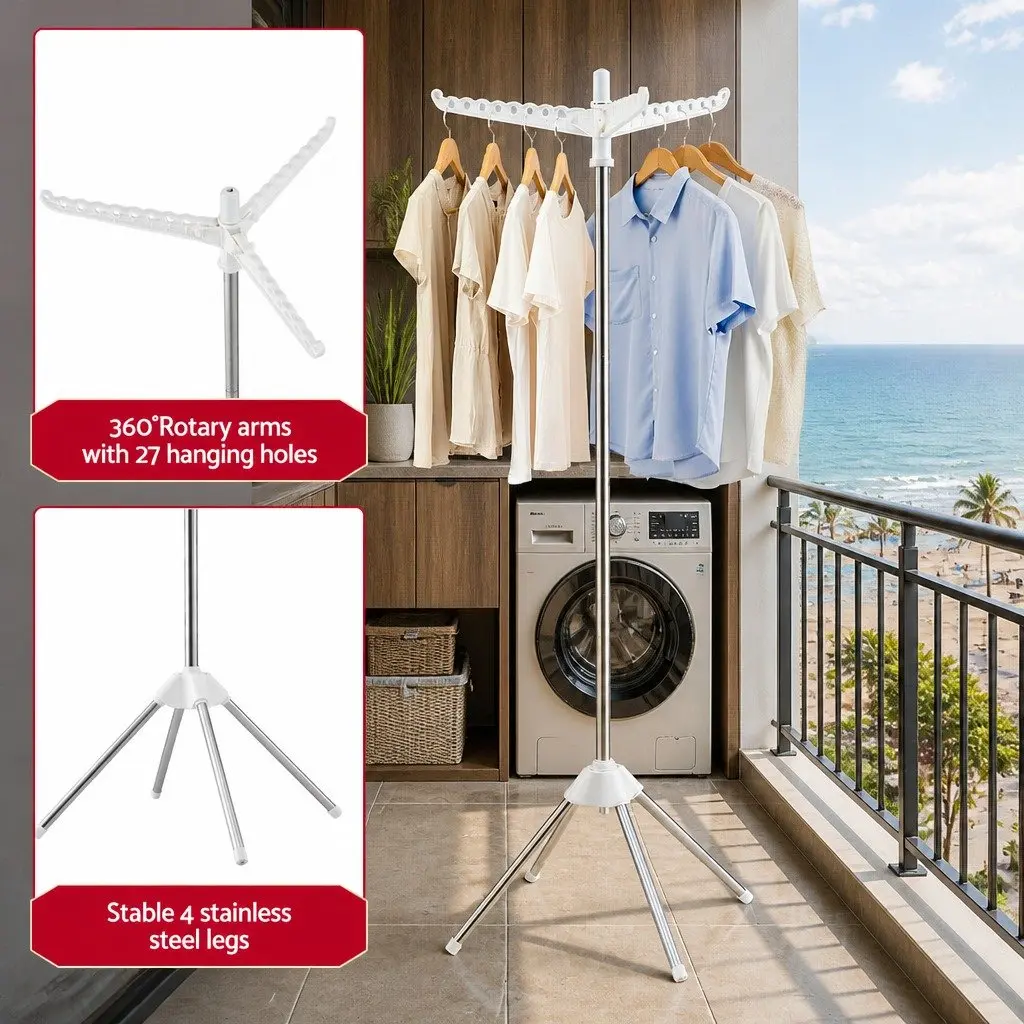 Clothes Rack Steel 163cm White Silver Foldable Rotatable Hanger Space-Saving Drying Stand