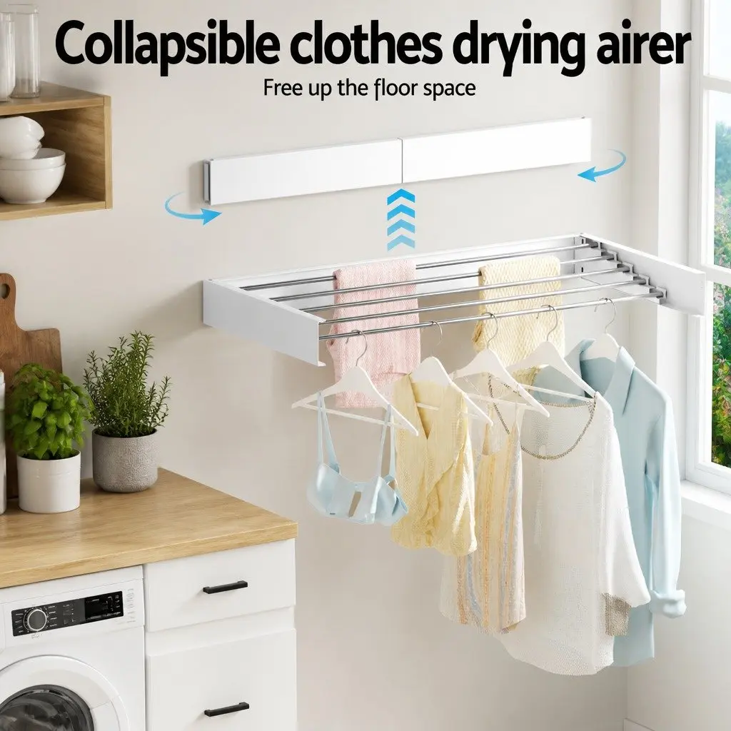 Wall Mounted Clothes Drying Rack Stainless Steel 5 Rods White and Silver