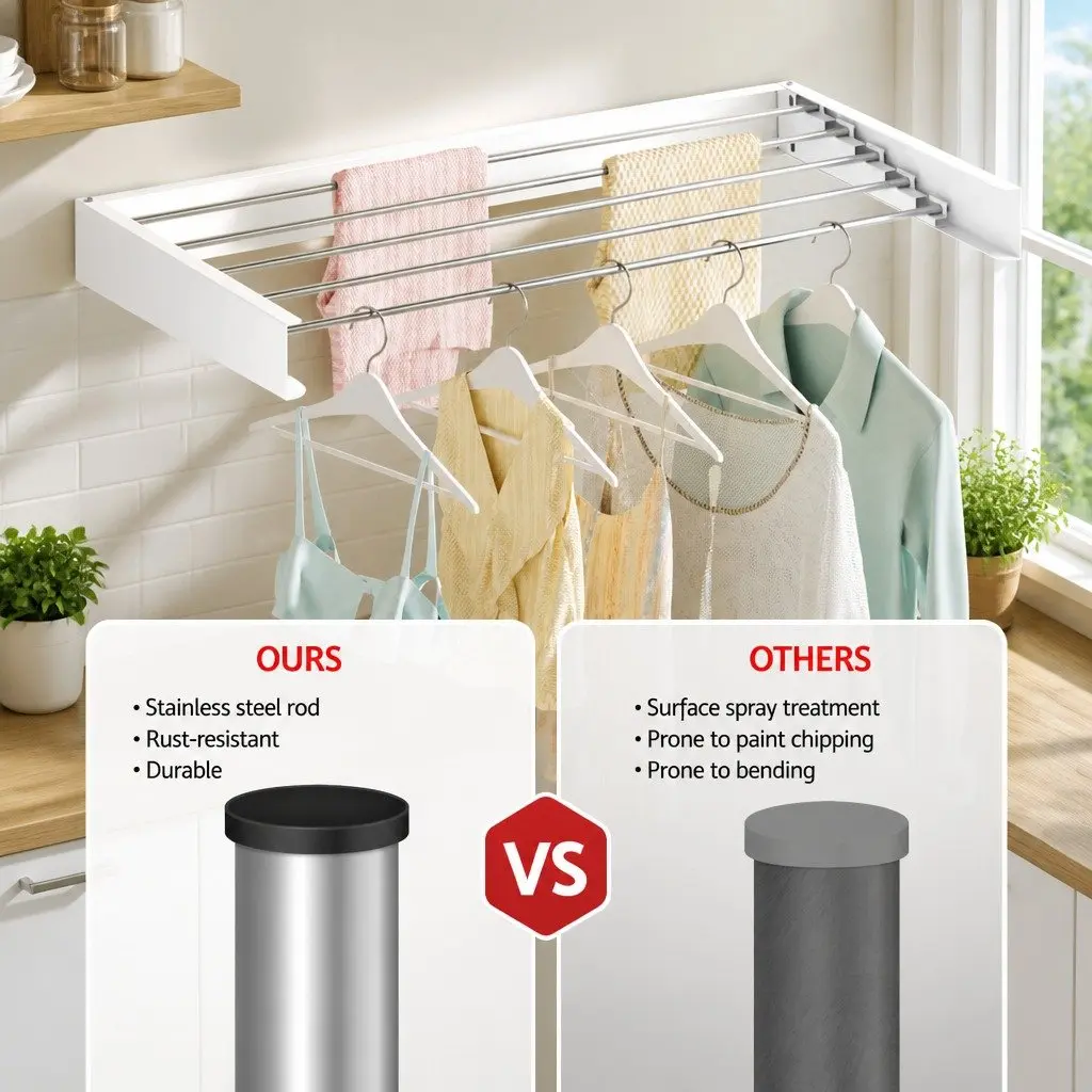 Wall Mounted Clothes Drying Rack Stainless Steel 5 Rods White and Silver