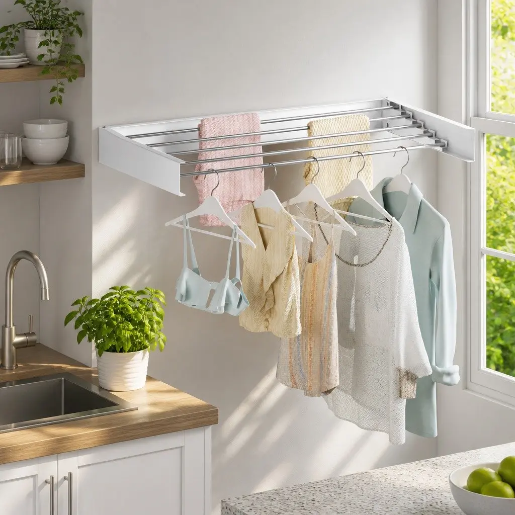 Wall Mounted Clothes Drying Rack Stainless Steel 5 Rods White and Silver