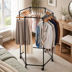 Durable Clothes Rack with 6 Hanging Rods and Swivel Wheels