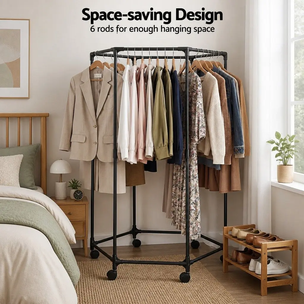 Clothes Rack Metal 70cm x 60cm x 120cm Black 6 Hanging Rods Swivel Casters