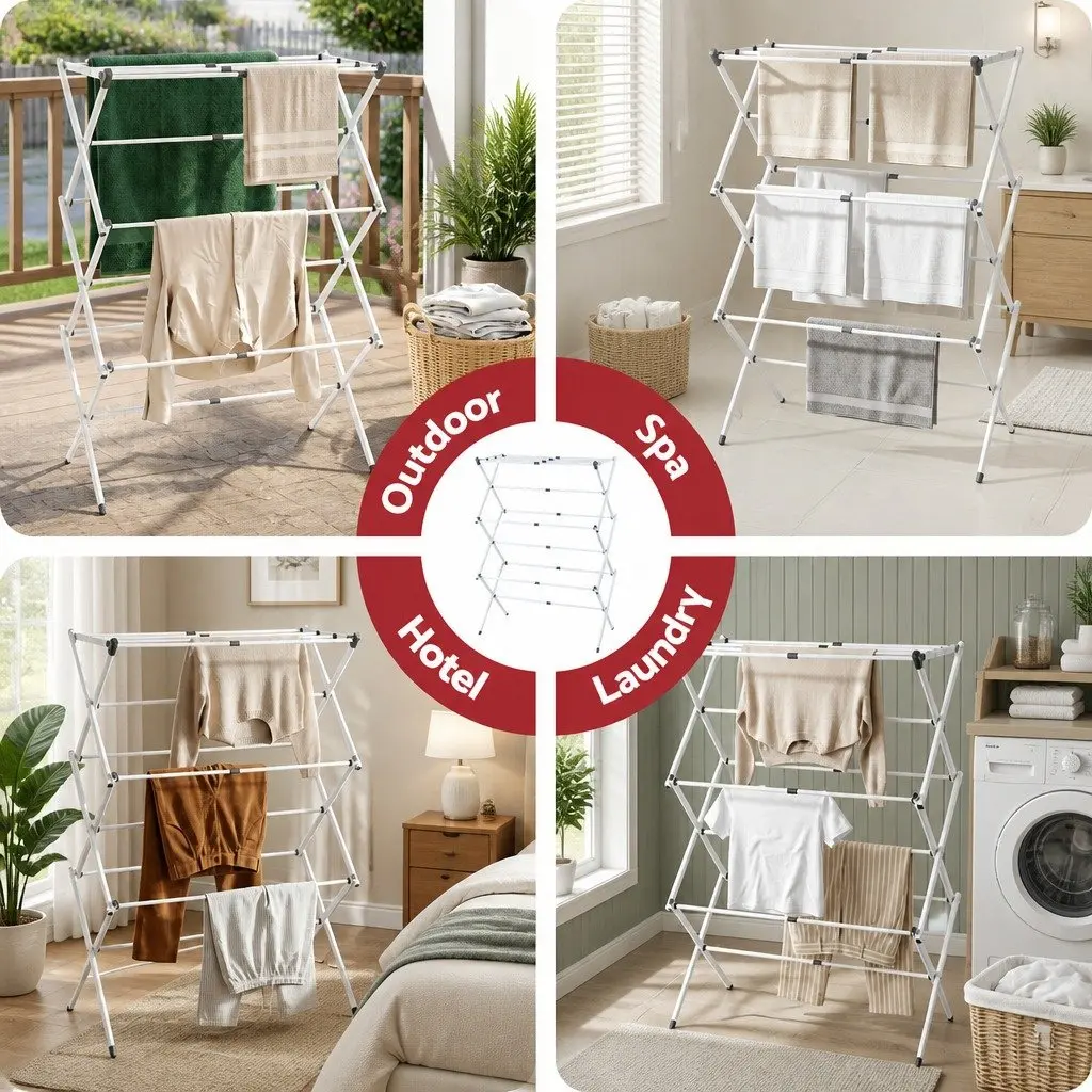 Clothes Rack Metal Grey and White Foldable Portable Drying Stand 11 Hanging Rods