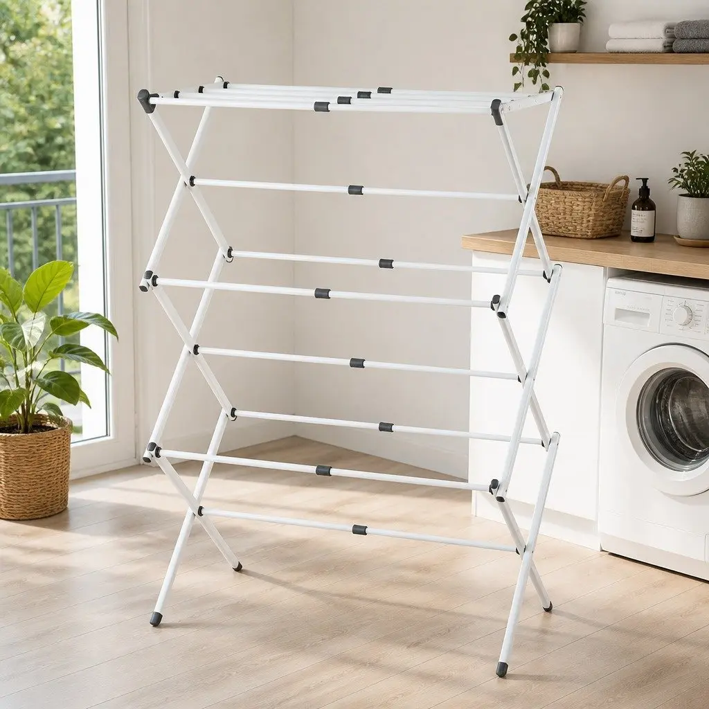 Clothes Rack Metal Grey and White Foldable Portable Drying Stand 11 Hanging Rods