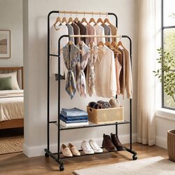Durable Double Rod Clothes Rack with Storage Shelves