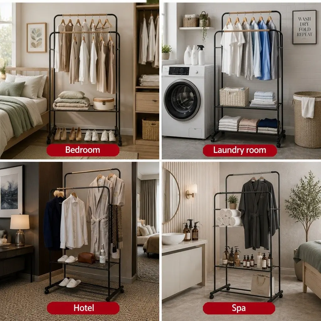 Double Rod Clothes Rack with Storage Shelves