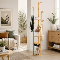 Bamboo Clothes Rack with 9 Hooks and Tree Design