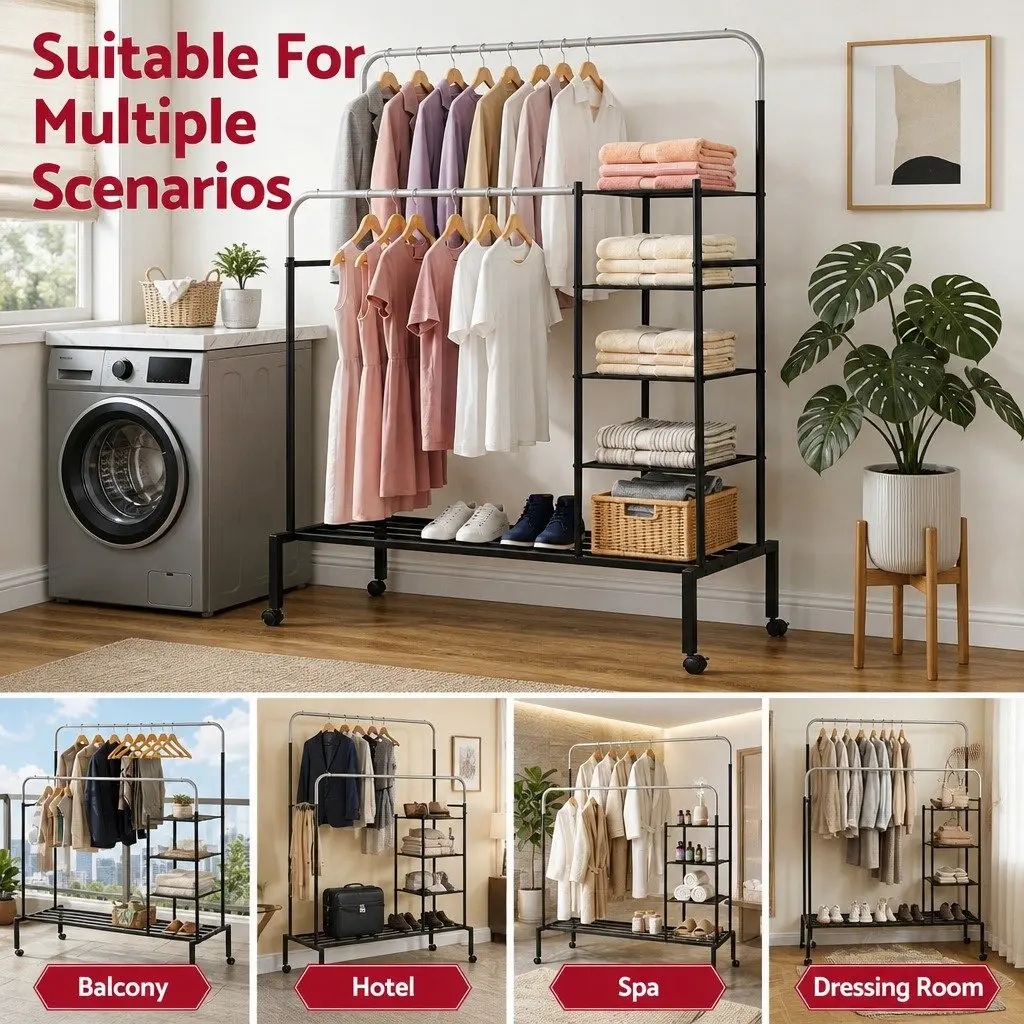 Double Rod Clothes Rack Coat Stand Hanger Airer Storage Shelf 4-in-1 Organizer