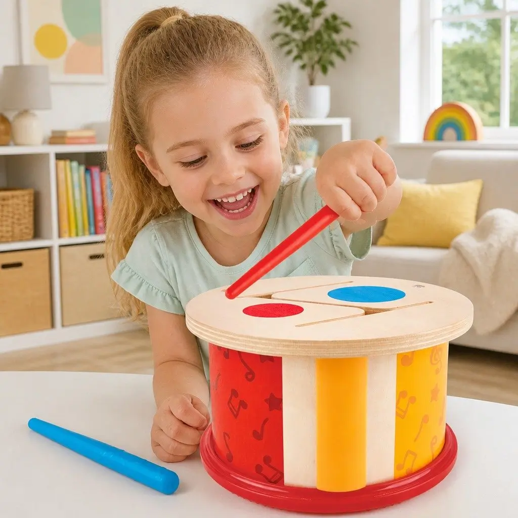 Wooden Toy Drum Double Sided Kids Musical Instrument for Early Learning Rhythm Play