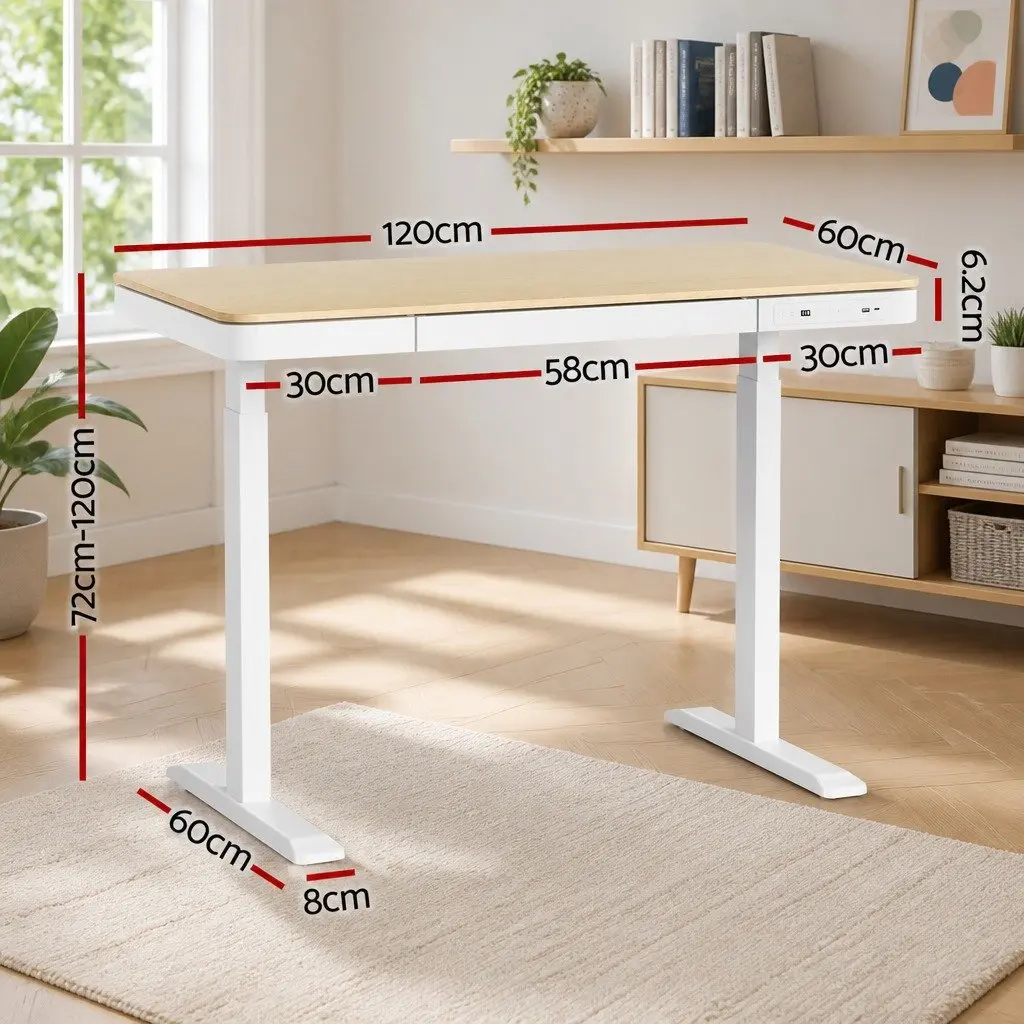 Height Adjustable Electric Desk Walnut Particle Board 120cm Dual Motor with Storage Drawer and USB Charging Ports
