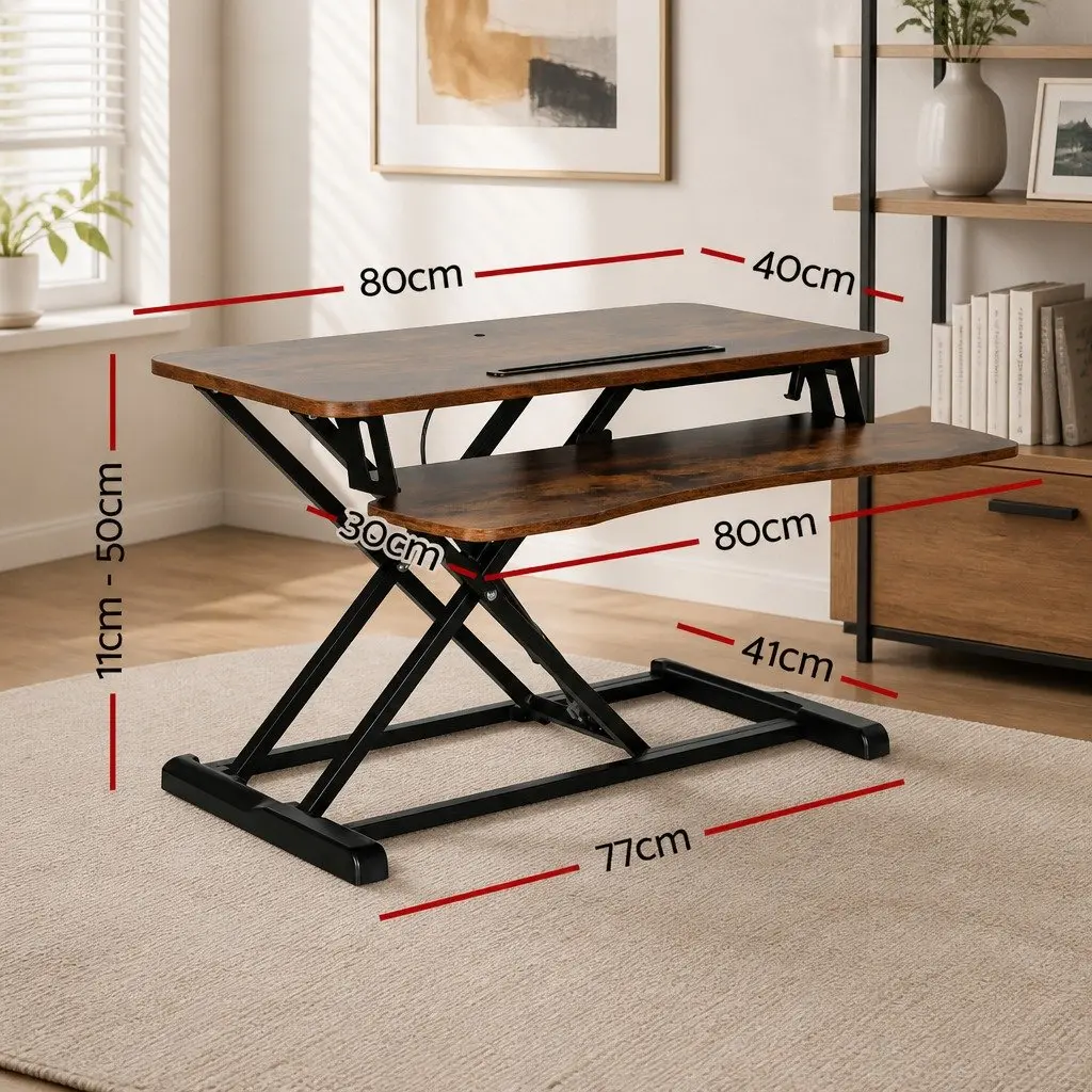 Standing Desk Riser MDF Brown 80CM Height Adjustable 2-Tier Keyboard Tray