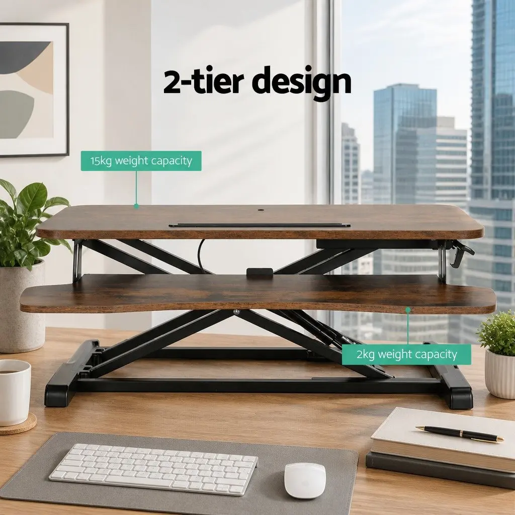 Standing Desk Riser MDF Brown 80CM Height Adjustable 2-Tier Keyboard Tray