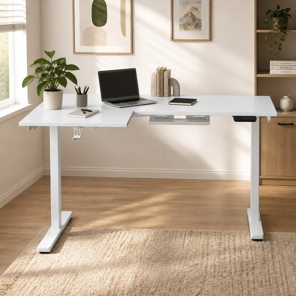 L-Shape Desk Electric Height Adjustable Motorised Particle Board 140 x 110 cm White Oak