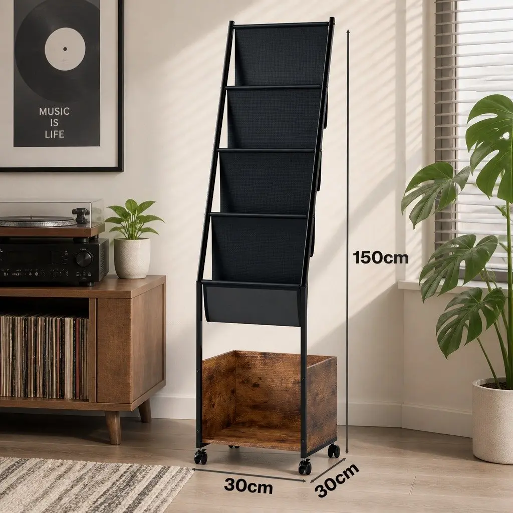 4-Tier Vinyl Record Player Stand Storage Rack Holder Cabinet Particle Board Steel Frame Brown Black