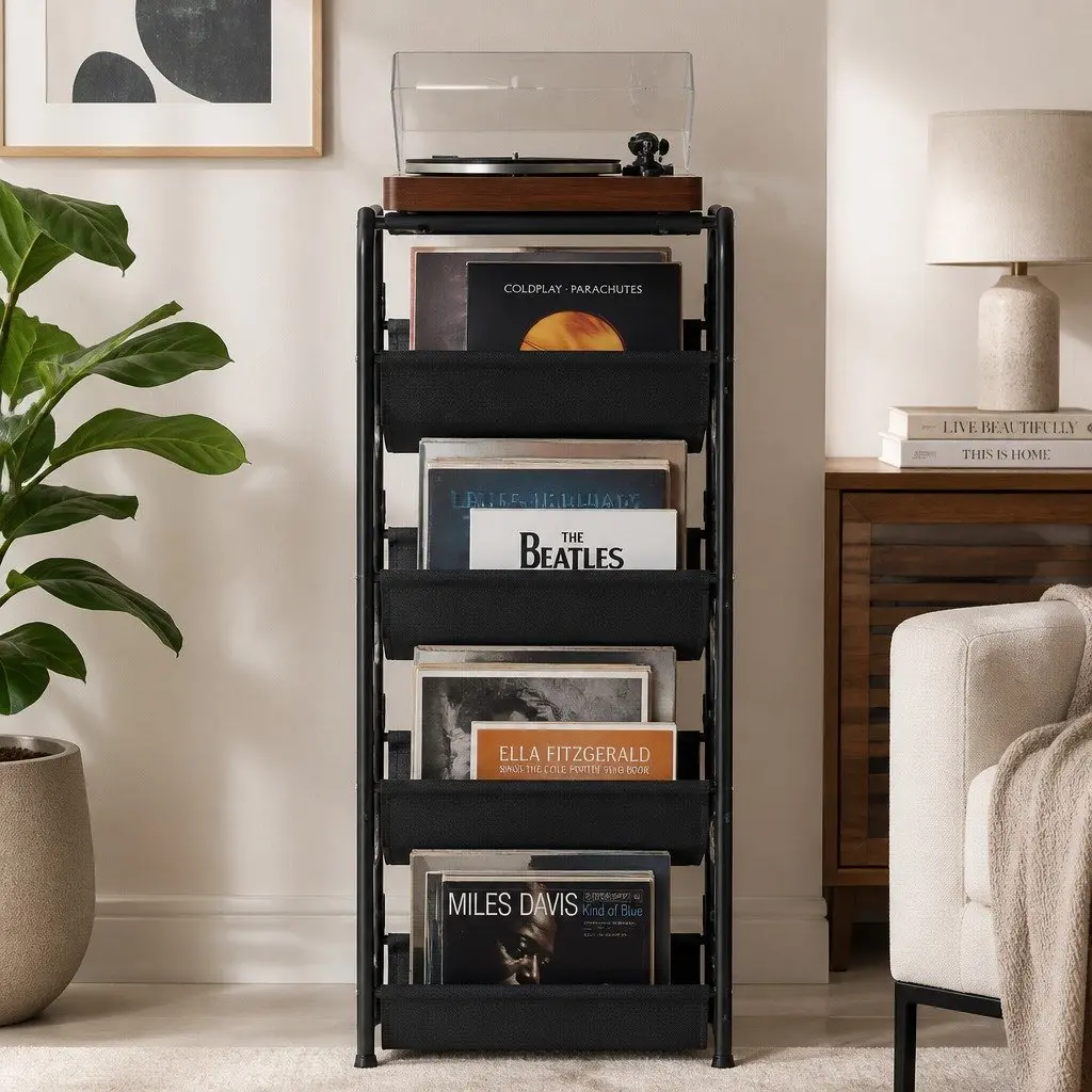 4-Tier Vinyl Record Player Stand Storage Rack Holder Cabinet Particle Board Steel Frame Brown Black