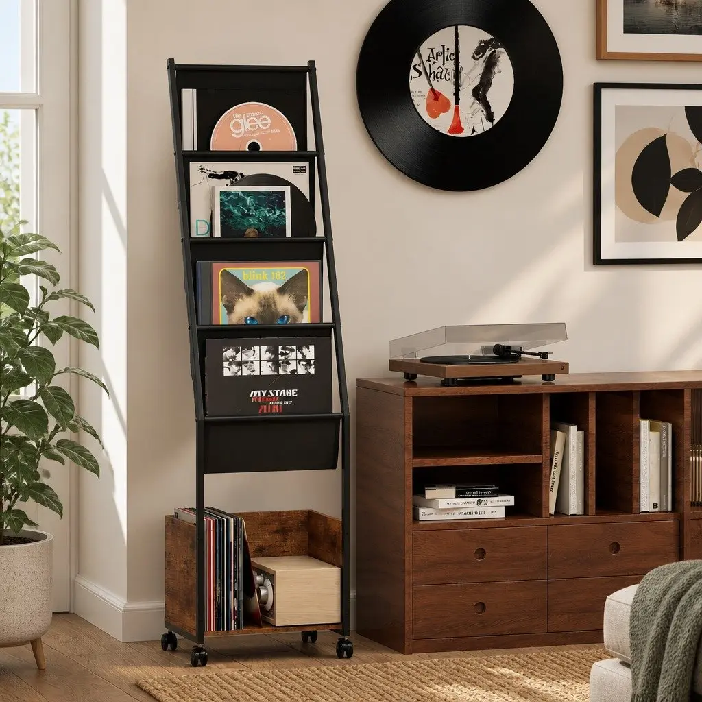 4-Tier Vinyl Record Player Stand Storage Rack Holder Cabinet Particle Board Steel Frame Brown Black