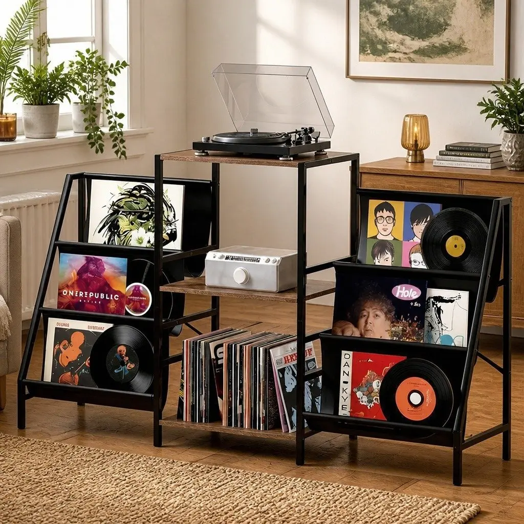 Record Player Stand Steel Particle Board 125cm Brown Black