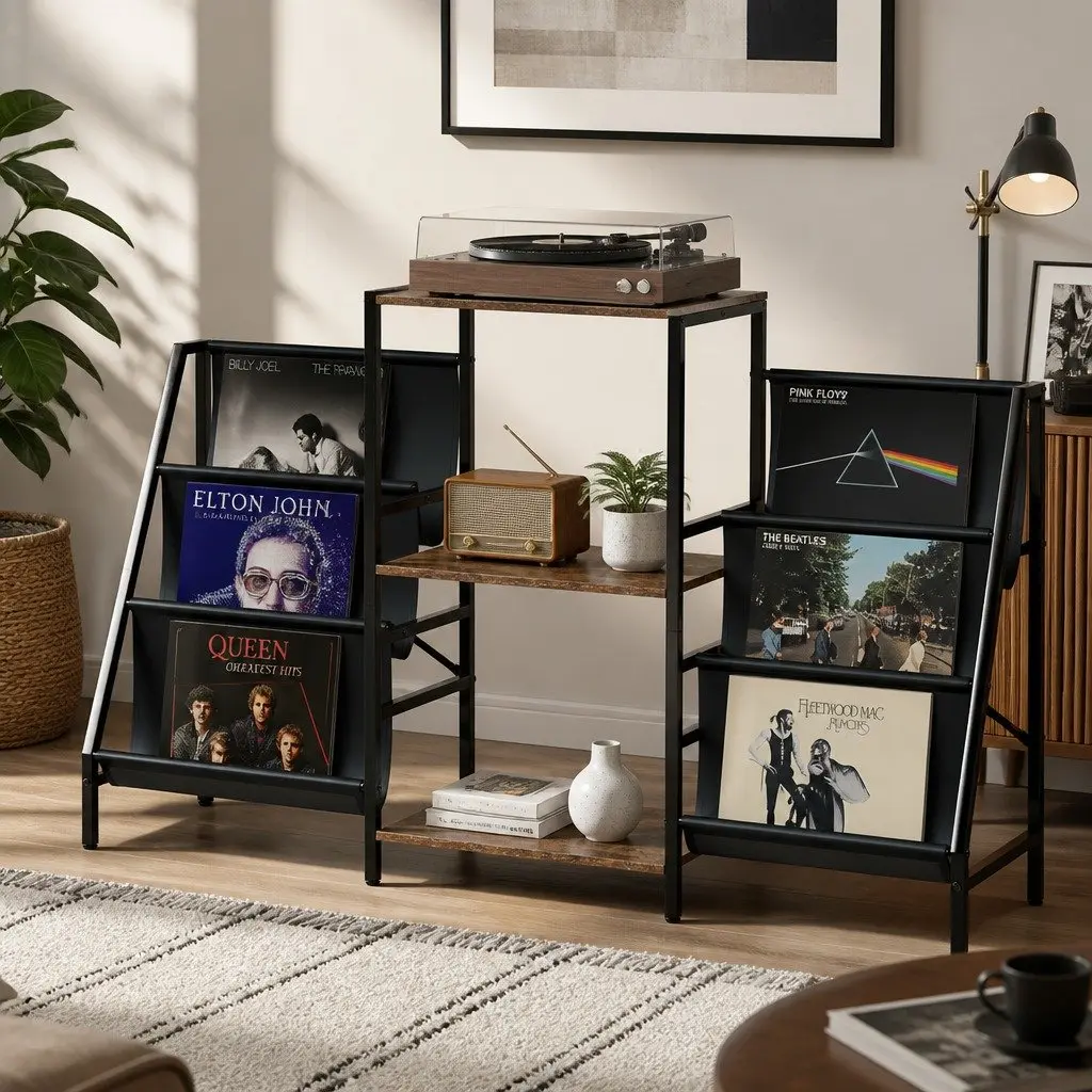 Record Player Stand Steel Particle Board 125cm Brown Black