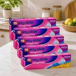 Durable Medium Sliding Closure Storage Bags - 15 Pack x5