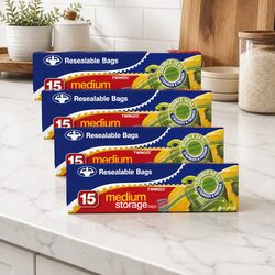 Premium Medium Storage Bags - 15 Pack x5 Clear Resealable for Food & More