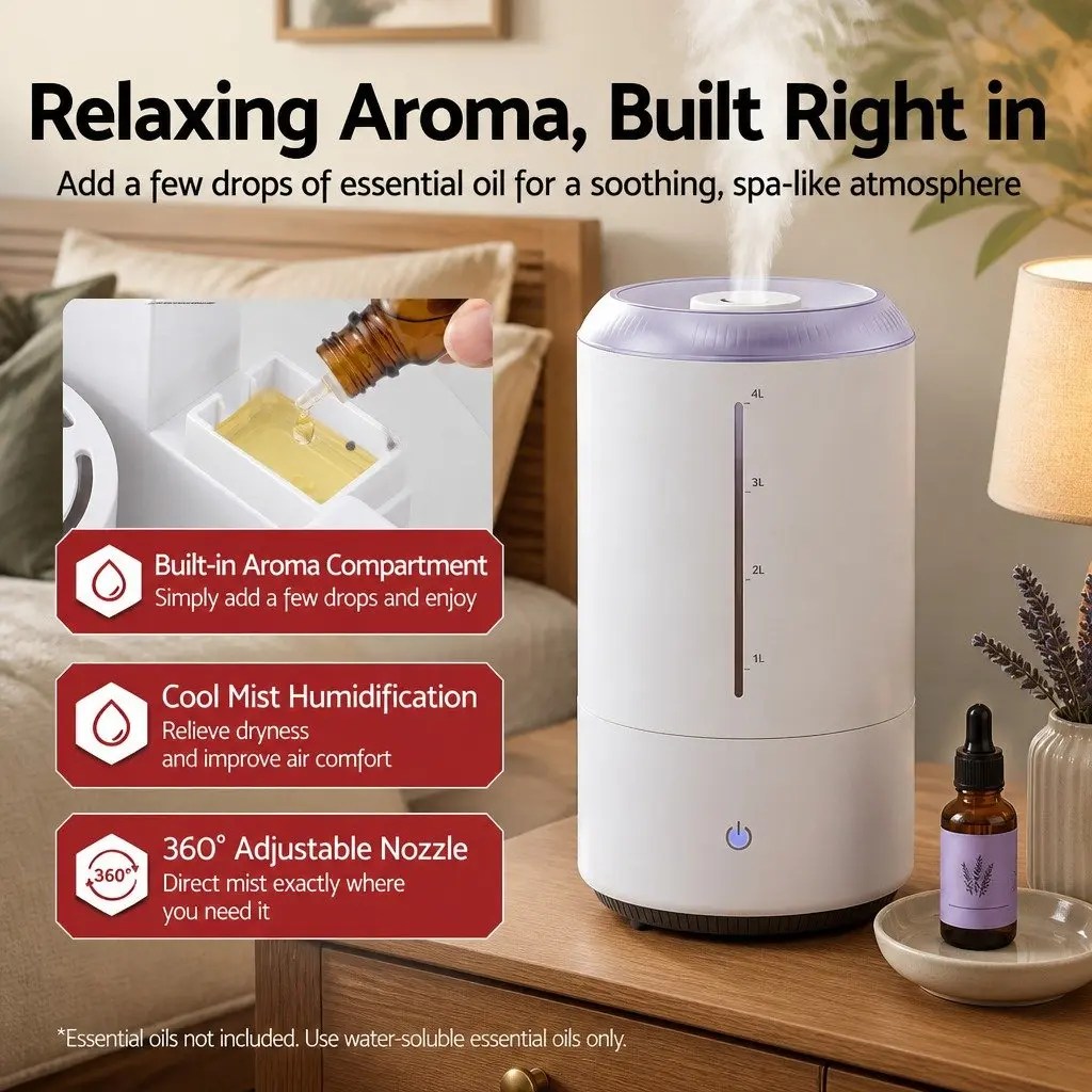 Ultrasonic Humidifier 4L Top Fill White Mist