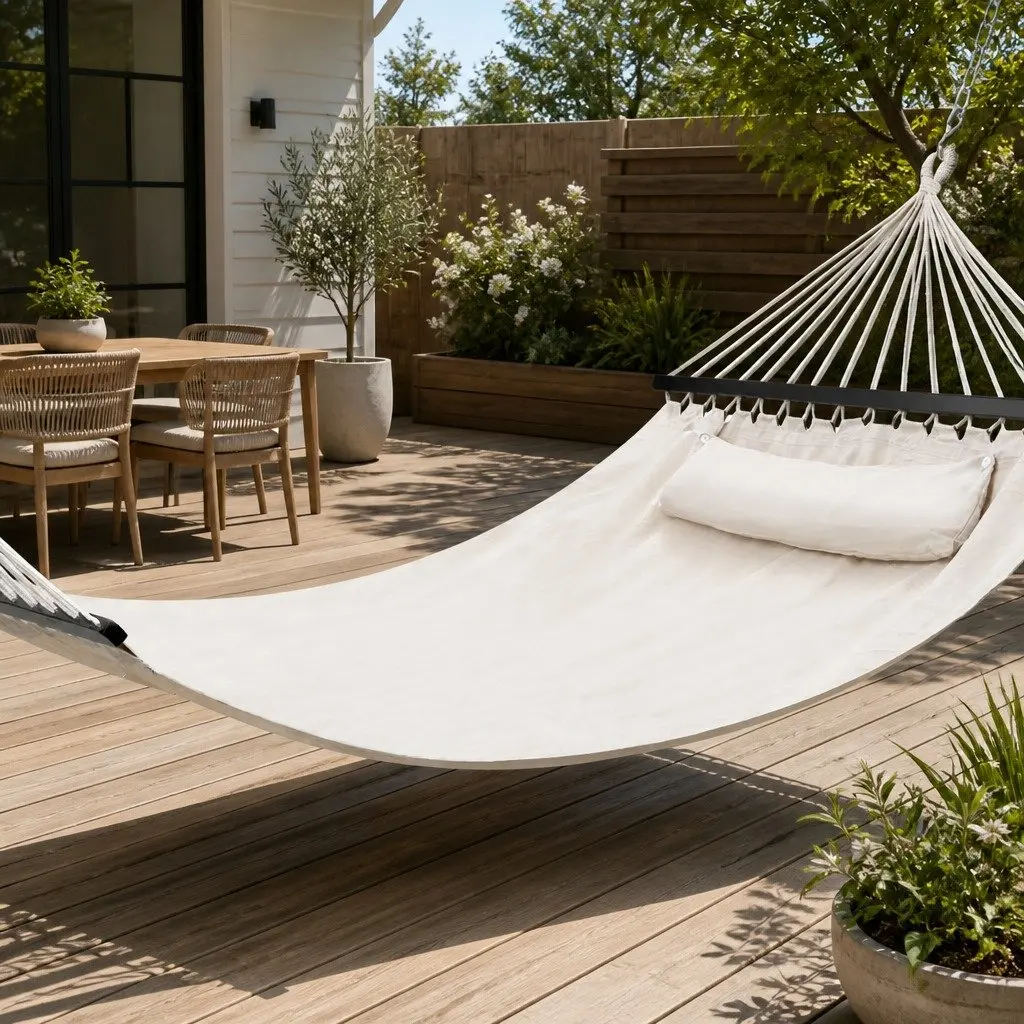 2 Person Hammock Bed Outdoor Camping Portable Hanging Chair with Pillow Cream