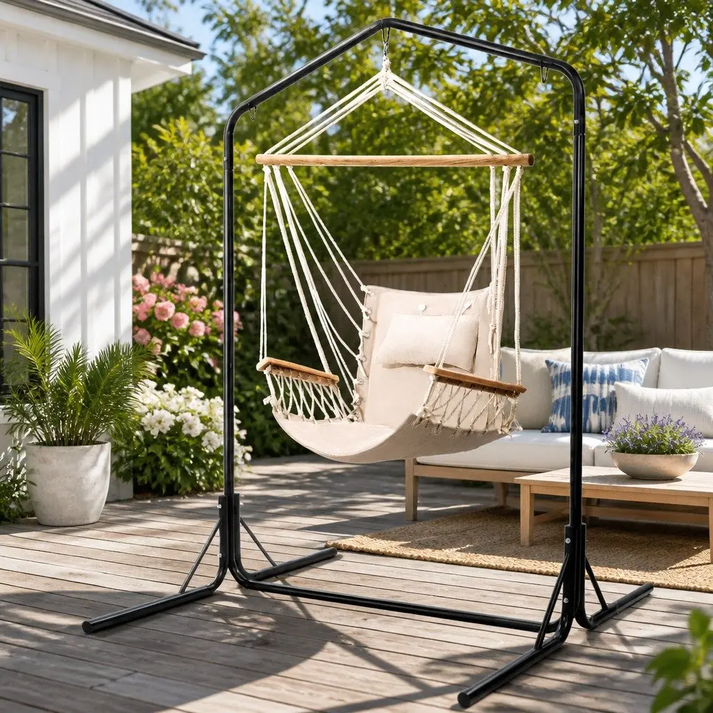 Hammock Chair Polyester Cotton Blend 100cm x 60cm Cream with Powder Coated Steel Stand 160cm x 140cm x 205cm