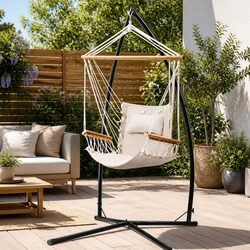Cream Hammock Chair with Durable Steel Stand and Armrests