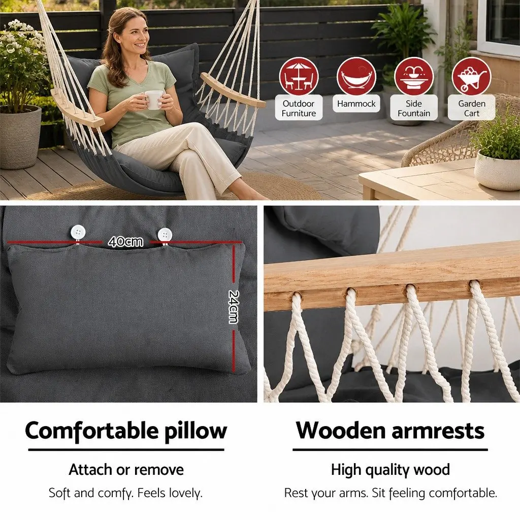Hammock Chair Polyester Cotton Blend Grey with Steel Stand and Armrest Indoor Outdoor Hanging Swing
