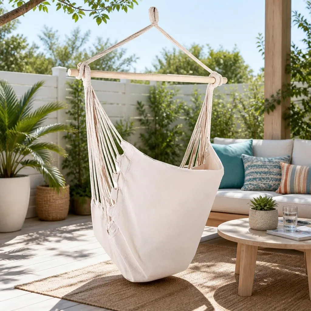 Hammock Chair Polyester Cotton Blend 100cm x 45cm x 145cm Cream with Cushions