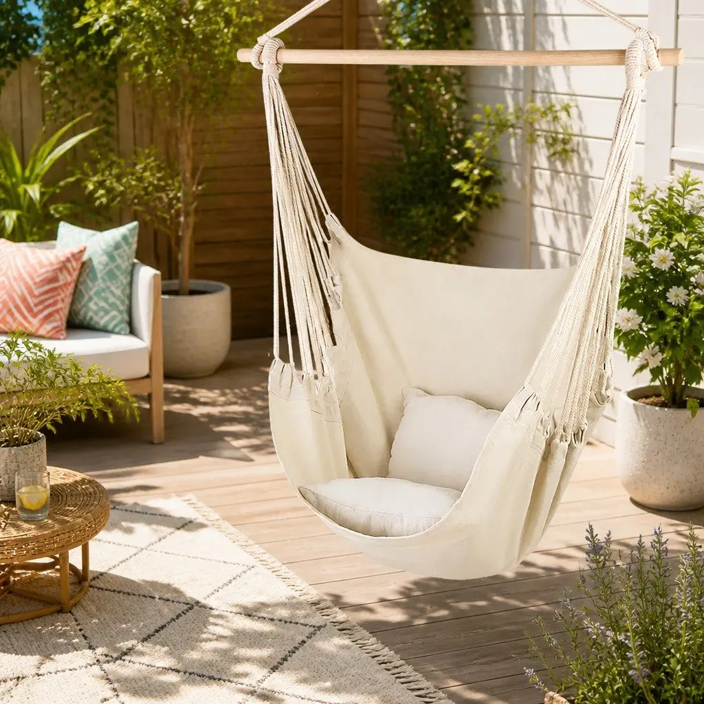 Hammock Chair Polyester Cotton Blend 100cm x 45cm x 145cm Cream with Cushions