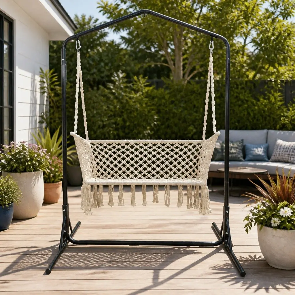 Hammock Chair with Stand 2 Seater Outdoor Garden Relaxation Cream Macrame