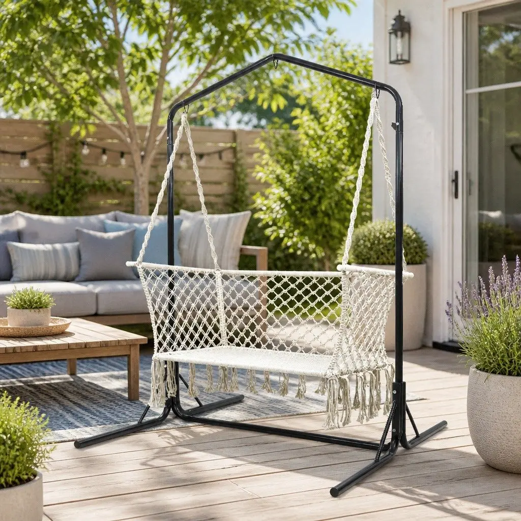 Hammock Chair with Stand 2 Seater Outdoor Garden Relaxation Cream Macrame